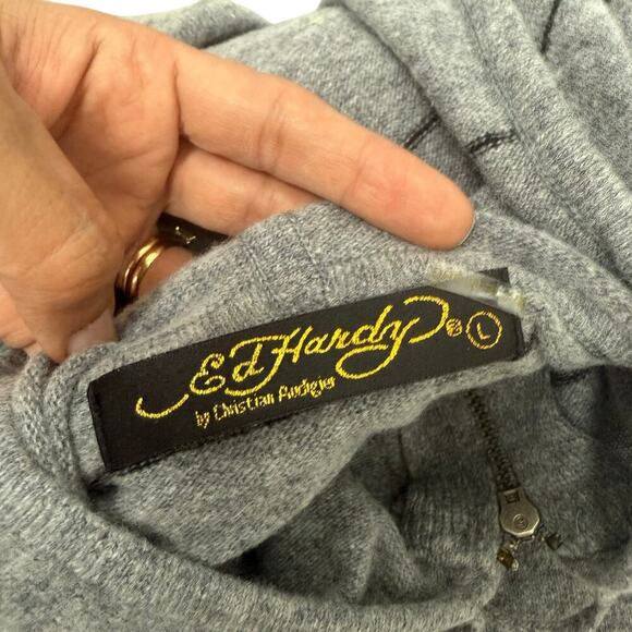 NWT Ed Hardy Mens Patch Knitted Striped Zip Up Hoodie Sweater Gray Size‎ L - Picture 4 of 9
